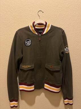 Ecko Red World Famous Rhino Brand Varsity Style Bomber Zip-Up Jacket Olive Green